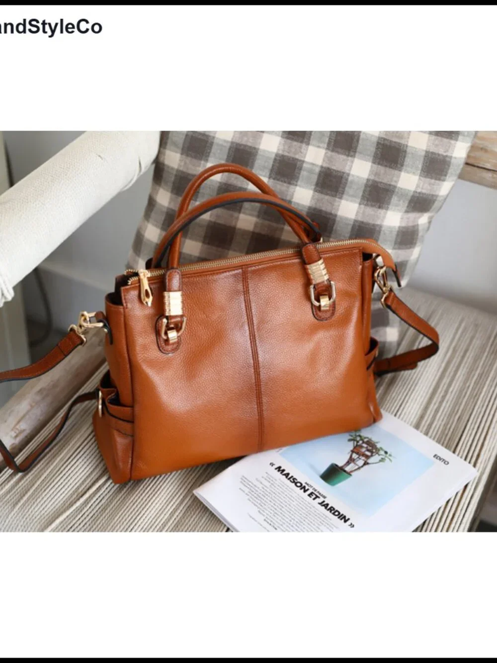 Genuine Leather Satchel Tote Shoulder Bag with Detachable Strap